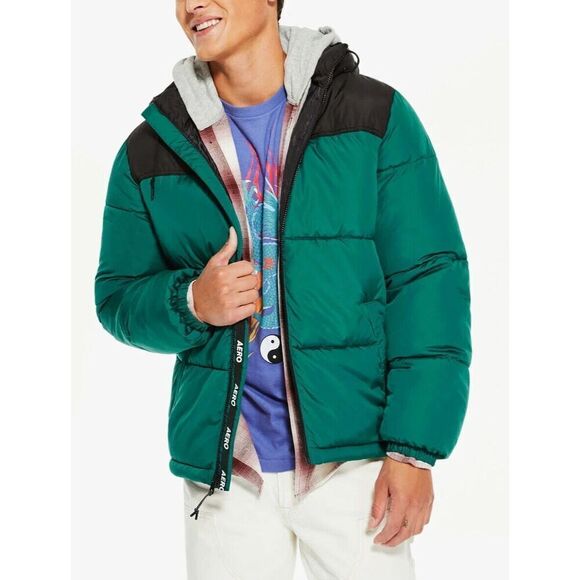 Aéropostale Men Sz L Green/Black Colorblock Heavyweight Hooded Puffer Jacket - Picture 12 of 12